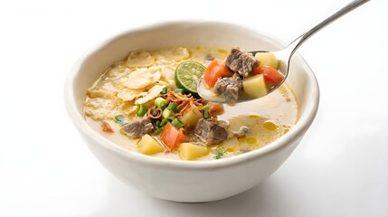 Soto Betawi Creamy Indonesian Beef Soup with Spoon Lifting Ingredients on White Background