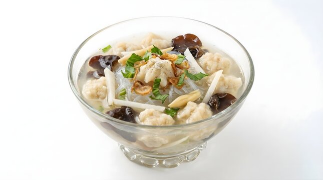 Tekwan, Traditional Indonesian Clear Fish Ball Soup with Vermicelli and Mushrooms in Glass Bowl Isolated on White Background
