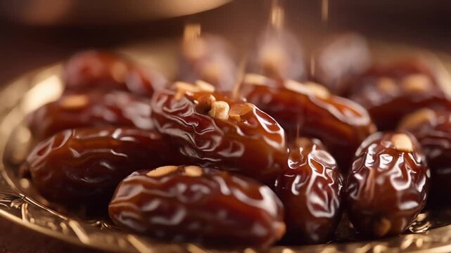 Cinematic video of ripe dates falling on a golden plate in a warm environment