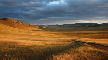 Golden Field Landscape with Dramatic Light Summer Afternoon Scenery Moody Cloudy Sky and Distant Hills Under Warm Light in the Countryside Nature Background