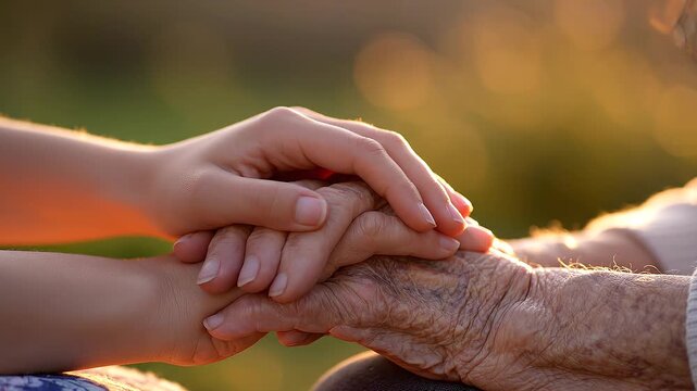 Close-up of a young hand gently holding an elderly wrinkled hand, conveying compassion and connection with warm, soft focus bokeh background during golden hour light