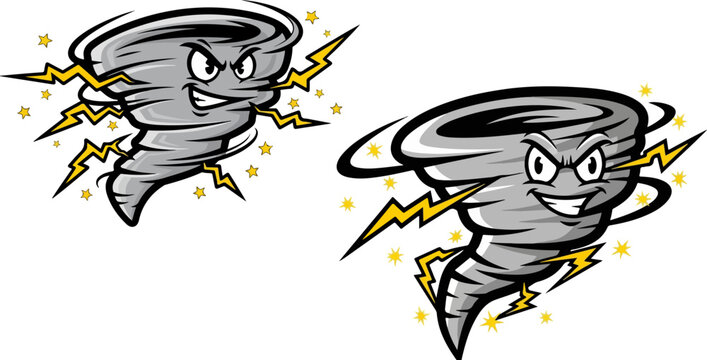 Cartoon tornado mascot vector illustration set. Includes two gray tornadoes with angry and happy facial expressions, surrounded by yellow lightning bolts. Created in a bold, comic style.