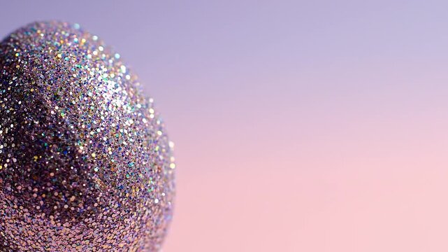 Close-up of a shimmering silver glitter-covered egg against a soft pink and purple gradient background, evoking a festive and elegant Easter celebration mood