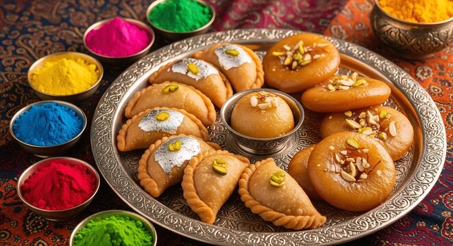 Traditional gujiya and malpua sweets platter with colorful gulal bowls top view festive Holi food background