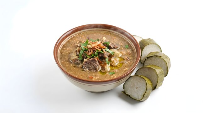 Steaming Coto Makassar Beef Soup with Buras Rice Cakes Isolated on White Background