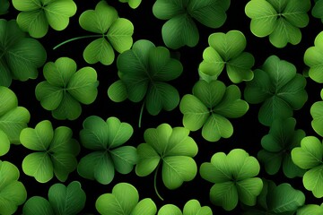 Lush Green Three Leaf Clover Pattern on Deep Black Background Botanical Illustration with Soft Lighting Detailed Clover Leaves and Stems