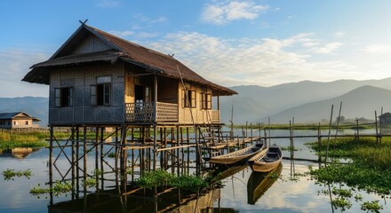 Obraz premium Inle Lake Stilt House - A Serene Lakeside Dwelling.