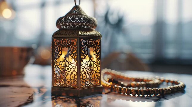 Ornate Golden Ramadan Lantern with Prayer Beads on Table
