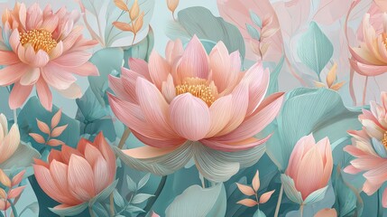 Ornate Pastel Floral Pattern with Pink Lotus Flowers Green Leaves on Teal Background Elegant Artistic Design Wallpaper Textile or Wrapping Paper Decoration
