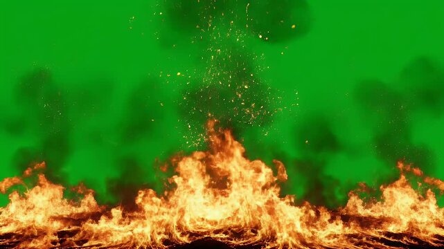A fiery explosion rising from a base of flames against a bright green screen background