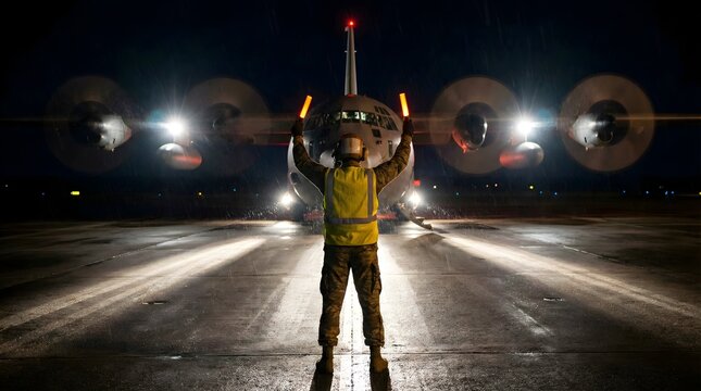 Back View of Military Ground Crew Marshalling Transport Aircraft at Night in Rain