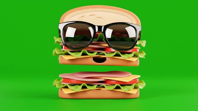A fun 3d cartoon sandwich with sunglasses floats, split apart, against a bright green background.