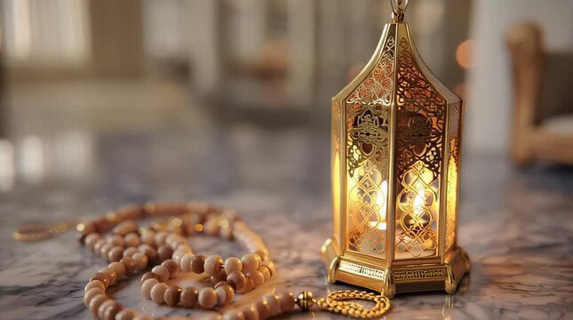 Ornate Golden Ramadan Lantern and Prayer Beads on Marble Table