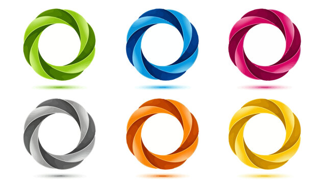 Six colorful circular swirl logos in assorted vibrant colors for abstract design.