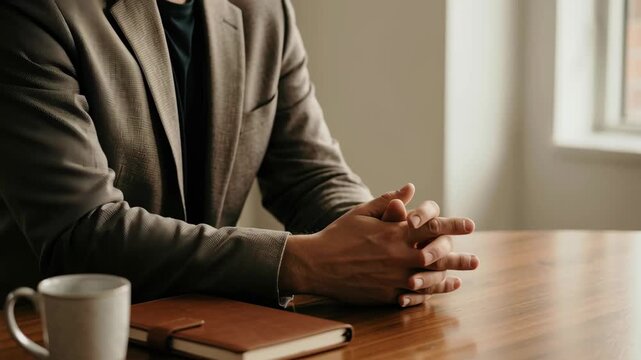 Emotional intelligence leader business meeting businessman hands folded wooden table notebook