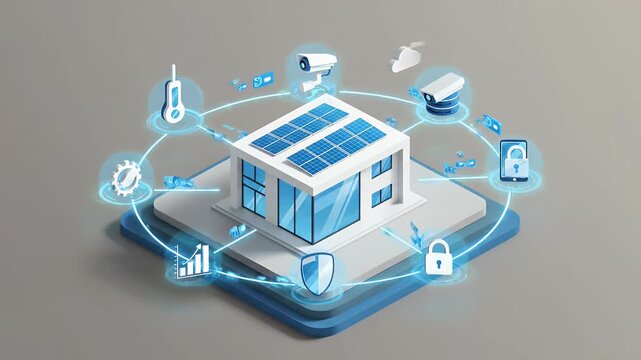 Modern Smart Home with Solar Panels and Security Icons.
