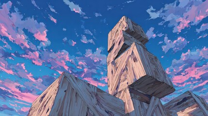 Pixel Art of Abstract Architecture Against a Pastel Sky in Shades of Blue Purple and Pink Creating a Serene and Dreamlike Atmosphere