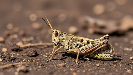 Fototapeta premium Macro view of a grasshopper on dry soil with strong natural lighting and shallow depth of field