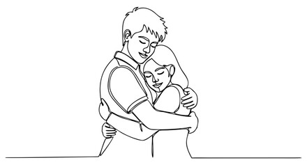 Continuous One Line Drawing of Boy and Girl Hugging in Black Line Art Minimal Style © Deshan