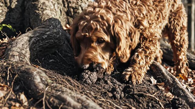 Brown curly-haired dog, resembling a Lagotto Romagnolo, vigorously digging for truffles at the base of a tree in a sunlit autumn forest.