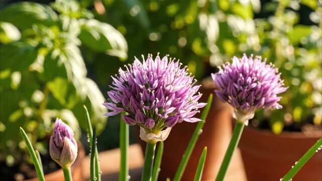 Wild purple clover and onion chives blossom in a spring garden meadow, showcasing vibrant macro beauty among field grass and summer flora
