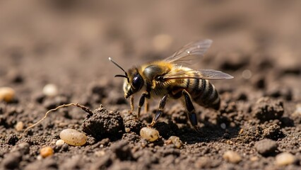 Macro view of a bee standing on dark soil with blurred surroundings