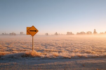 Rural Landscape Featuring Yellow Crocodiles Crossing Sign Over Field Under Clear Sky During Golden Hour Sunlight On A Sunny Day, Suggesting Australian Outback