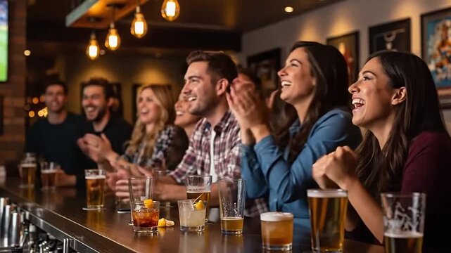 Group of happy diverse friends laughing and enjoying drinks together at a lively bar or pub, sharing joyful moments and good company in a warm, relaxed atmosphere.
