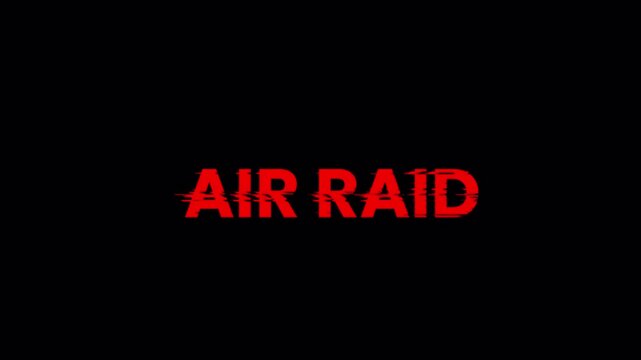 Air raid red warning text animation on black background, military emergency alert typography loop 4k video