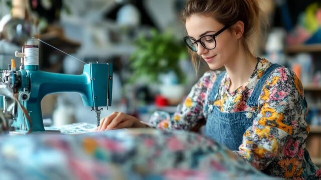 Young woman sewing colorful fabric with a vintage sewing machine in a cozy craft studio