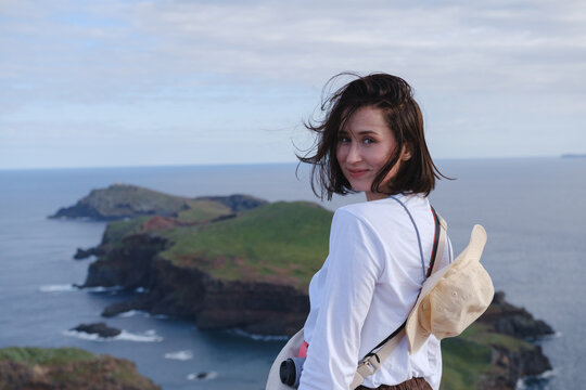 Portrait of girl  on madeira hike.
Happy girl in outdoor location.