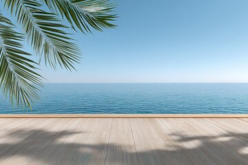 Tropical Beach Scene With Palm Fronds And Wooden Deck Overlooking Clear Blue Ocean And Sky