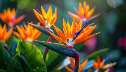 Vibrant Bird of Paradise Flowers Blooming in a Lush Garden, Close-up View.