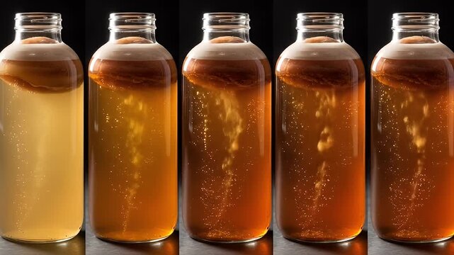 Five clear bottles of fermented drink show a color change and culture growth over time