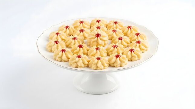 Traditional Kue Semprit Flower-Shaped Butter Cookies with Strawberry Jam on Porcelain Stand