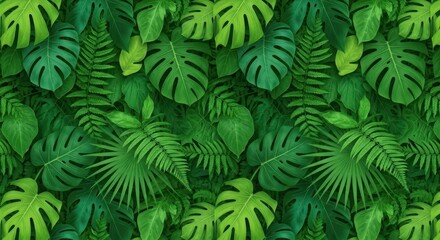 A detailed seamless pattern of vibrant green tropical foliage covering a wall, ideal for modern interior design and nature-themed home decor concepts, repeat, wallcovering, fern