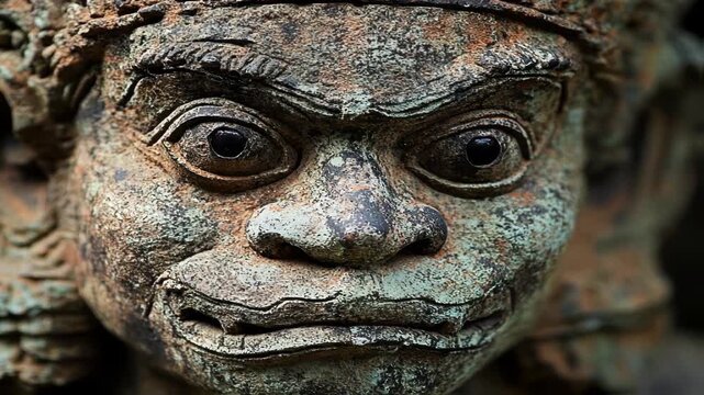 Close-up of an ancient stone statue featuring intricate facial details and weathered texture