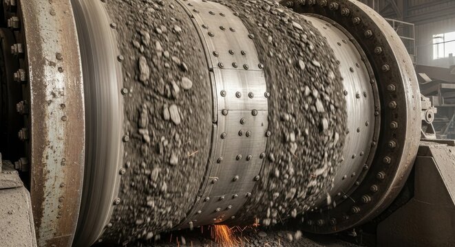Industrial Ball Mill Grinding Ore in a Mining Operation.