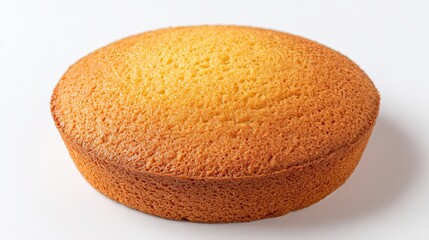 Closeup of a golden brown baked round sponge cake layer with a porous texture