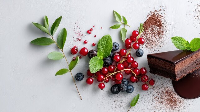 Slice of rich chocolate cake served with fresh red currants blueberries and mint garnish