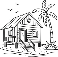 Naklejka premium Cozy beach hut with palm tree and stairs to door