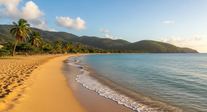 Idyllic Beach Scene with Mountains and Palm Trees in Vieques, Puerto Rico.