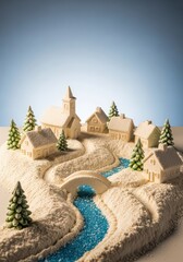 Fototapeta premium A quaint miniature village scene meticulously crafted from white flour, suggesting a peaceful, edible landscape under soft studio light, miniature, white, white powder