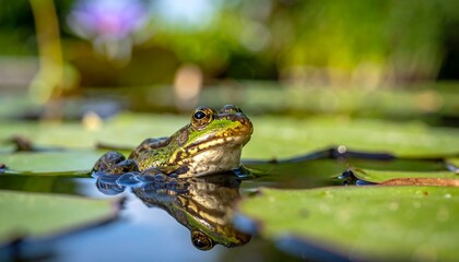 Obraz premium A green frog sitting on a lily pad in a pond (1)