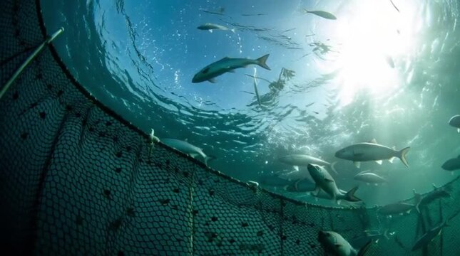 Underwater fish farm with numerous fish swimming inside a large tank.