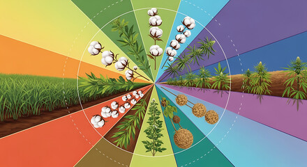 Fototapeta premium Vibrant agriculture collage with diverse crops and colorful fields in a circular pattern