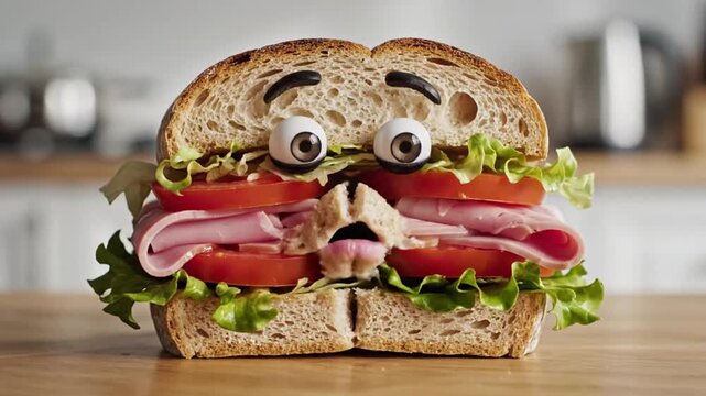 A whimsical cartoon sandwich with googly eyes and fresh ingredients looks surprised on a kitchen counter.