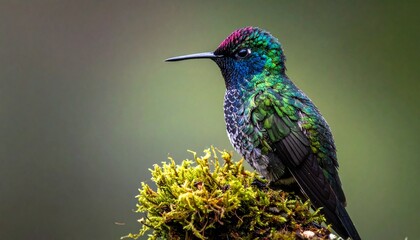Fototapeta premium Vibrant Hummingbird Perched on Mossy Branch, Showcasing Iridescent Plumage and Delicate Features.
