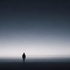 Fototapeta premium Lonely person standing alone in vast empty space with foggy horizon