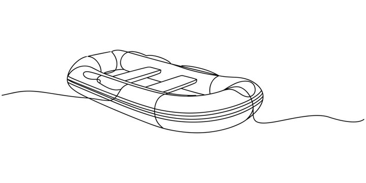 Continuous one line drawing inflatable boat. Rubber boat blowing by air. Summer joy equipment for relaxing, full length one line Inflatable Boat Line Icon Editable.